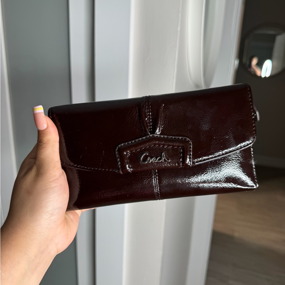 Coach Glossy Patent Leather Fold-Over Clutch in Deep Burgundy